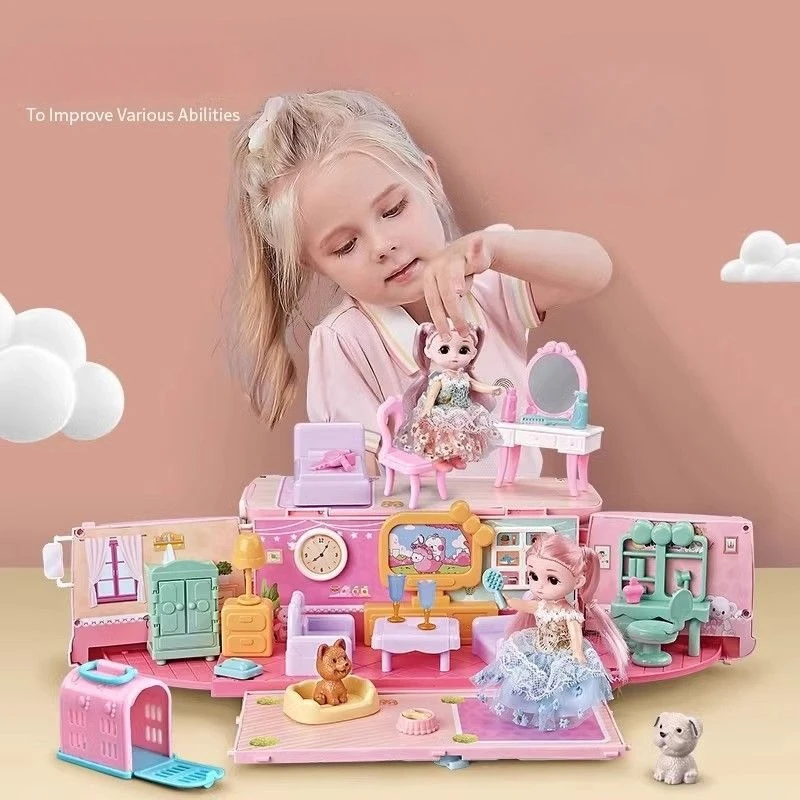 Girls Toys Dolls Pretend Play Princess Diy Dollhouse Living Room Bus Kitchen Bus Birthday Present Toys for Kids 2 To 4 Years Old