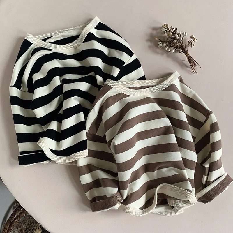 2024 Spring Autumn New Children Casual T Shirt Loose Kids Striped T Shirts Cotton Tee Boys Girls Long Sleeve Tops Baby Clothes