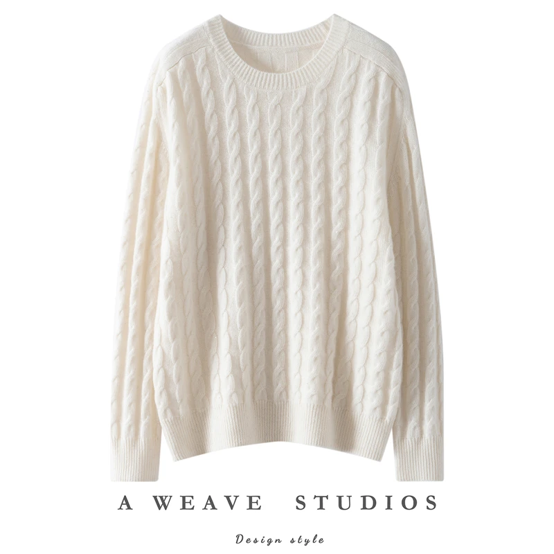 Autumn Winter Daily Womens Sweater 100% Cashmere Pullover Warm Clothes Thicked O-Neck Sequin Twisted Flower Saddle Shoulder Knit