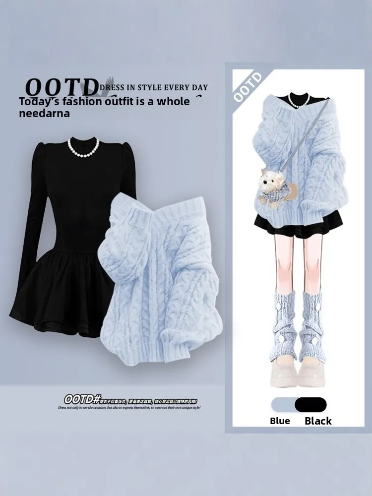 

Осенне-зимний комплект для девушек: нежный свитер на одно плечо с эффектом стройности и облегающий комплект из двух предметов с длинным рукавом и воротником.