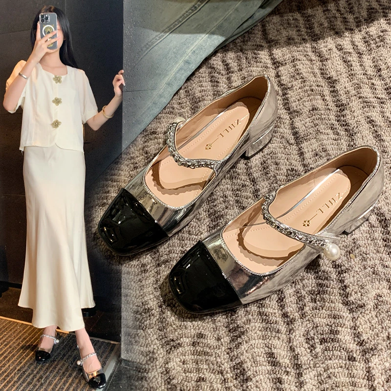 

Womens Silver Black Two Tone Square Toe Mary Jane Block Heel Pumps Rhinestone Strap Pearl Buckle Elegant Office Daily Shoes