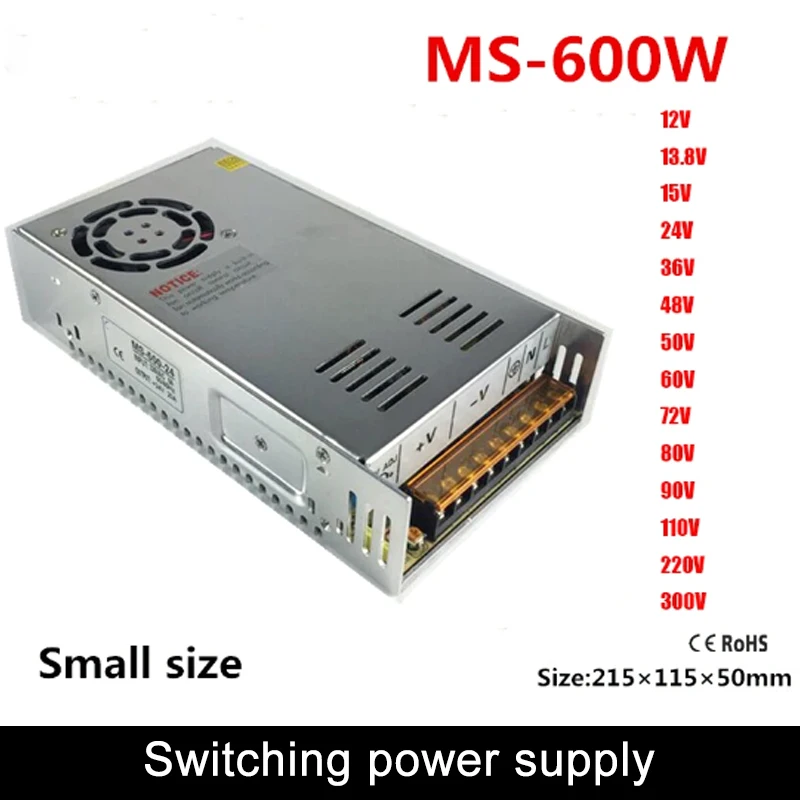 

600W Small Size Switching Power Supply Single Output AC-DC 5v 12V 13.8v 15V 24V 27V 36V 48V 50V 60V 72V 80V 90V 110V 220V 300V