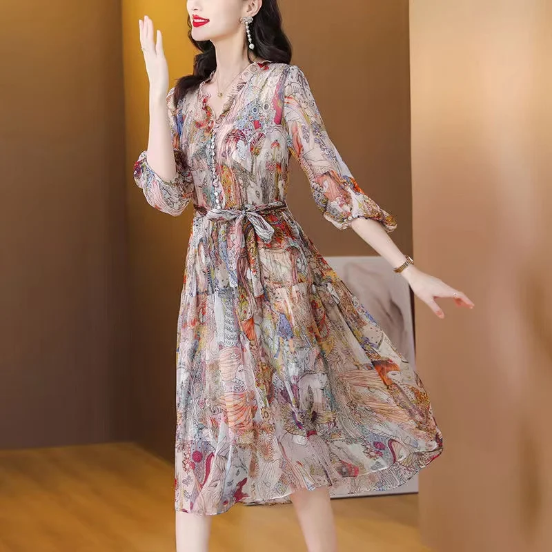 

2024New Silk Flower Printed Ruffle Edge Bubble Sleeve Dress for Women V-neck Loose Large Size Slim Knee Length A-line Dress Robe