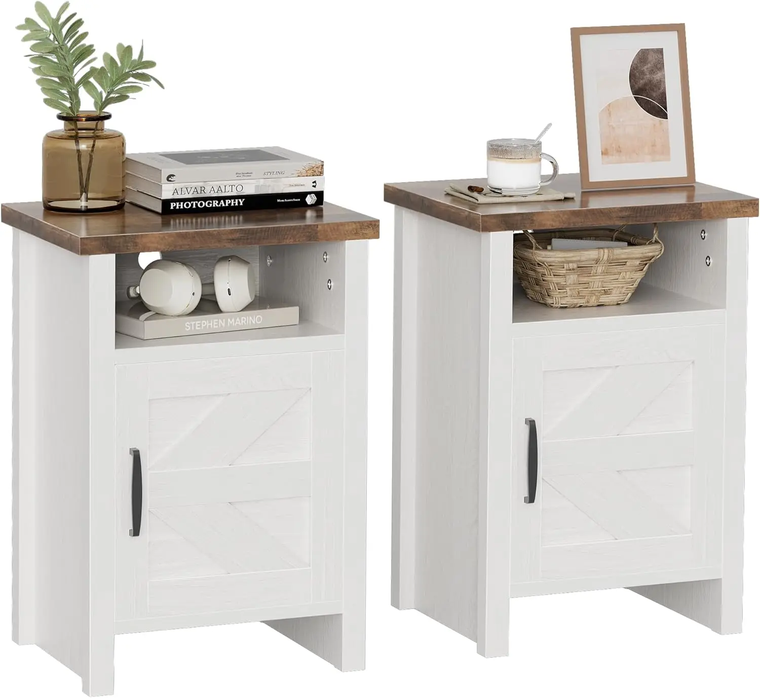 Farmhouse Modern Nightstand with Shelf and Barn Door, Set of 2 for Bedroom, White