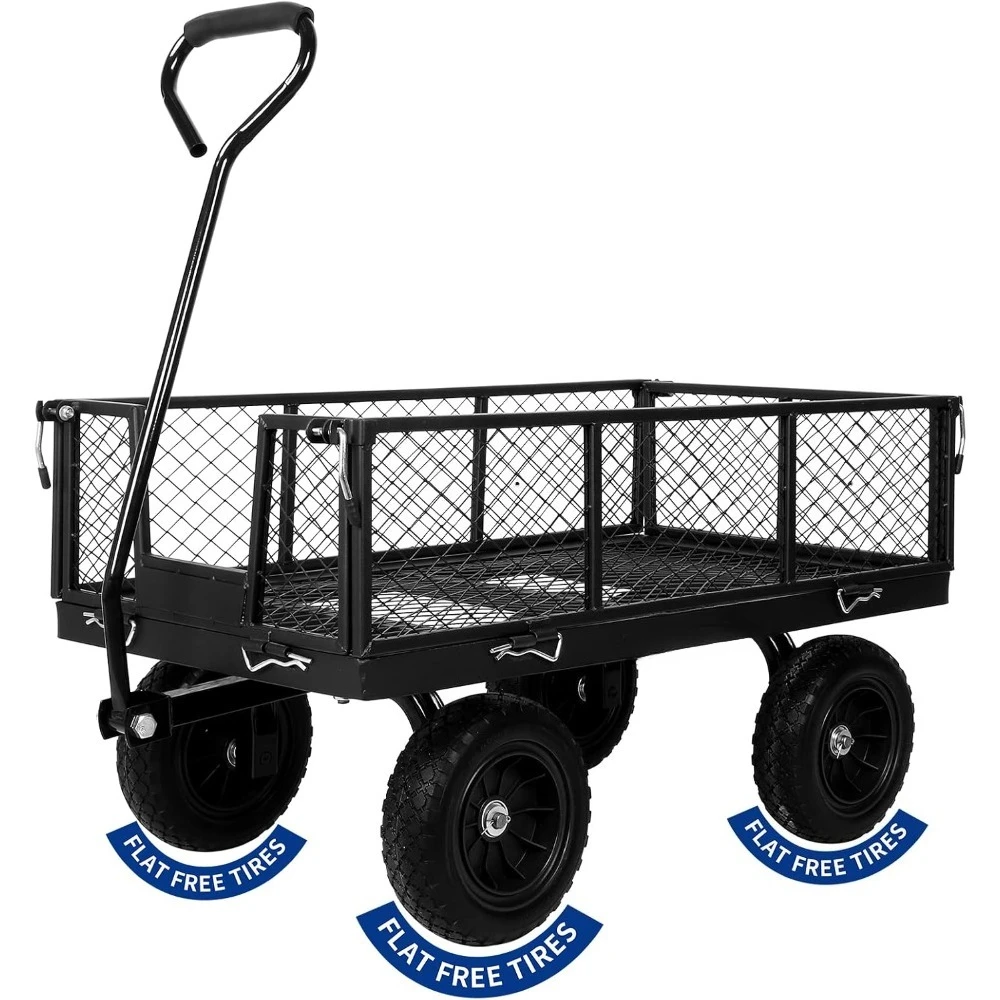 

880 lbs 10" Flat Free Tires Steel Garden, Cart with 180° Rotating Handle and Removable Sides, Heavy Duty 4 Cu.Ft Capacity