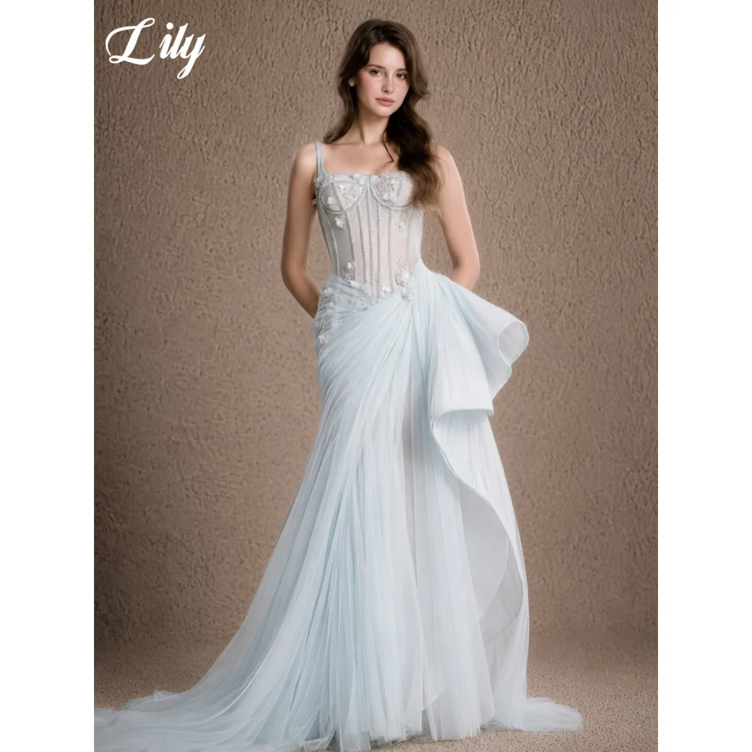 

Lily Light Blue Spaghetti Strap Mermaid Prom Dress 3D Floral Ruched Tulle Evening Dress Elegant Party Dress For Women Customized
