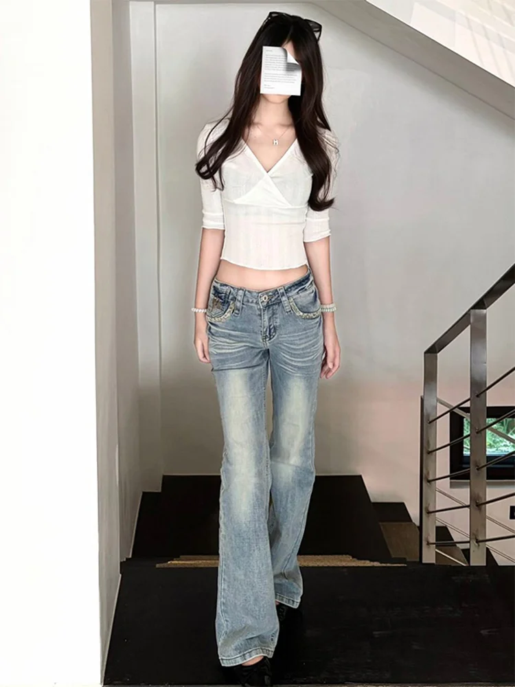 Low Waist plus Size Denim Jeans Women's New Style Slimming Versatile Flared Straight Leg Blue Leopard Print Casual Trousers