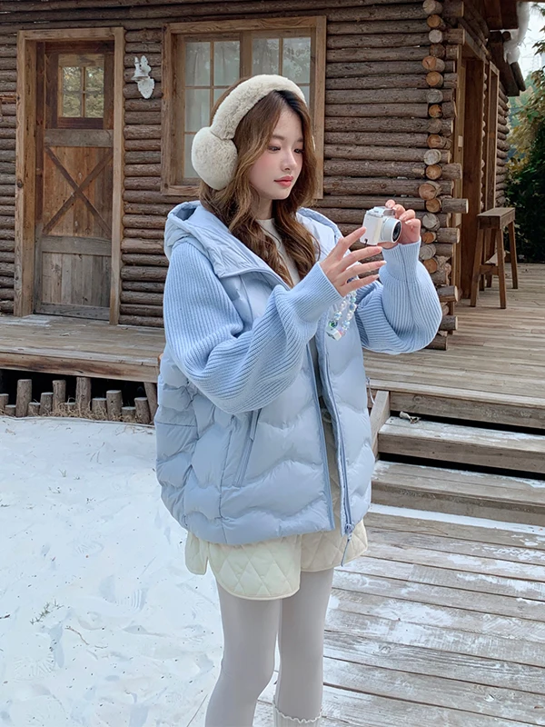 Veste d'hiver en duvet pour femme, bleu, tricotée, patchwork, design élégant, vêtements d'extérieur chauds, longue manche