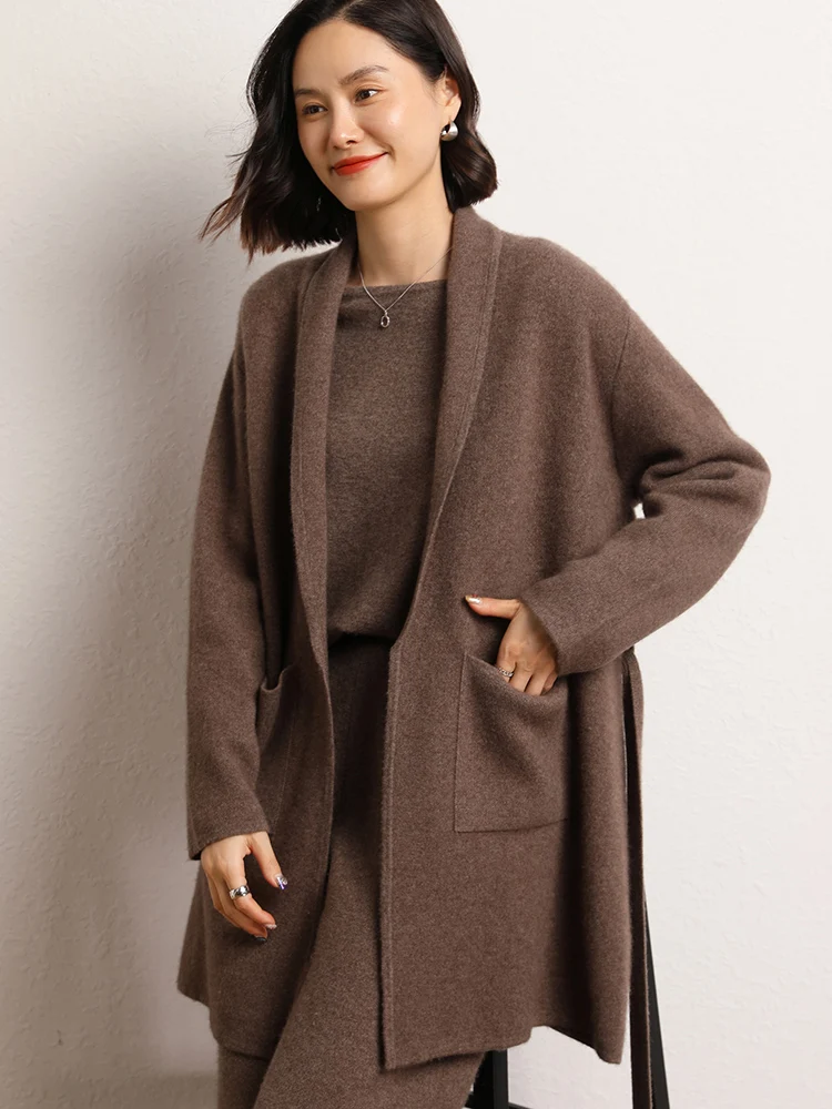 

Yoyoselect Women's 100% Cashmere V Neck Cardigan Sweaters Solid Color Pockets Overcoat Autumn Winter Long Sleeve Top Clothings