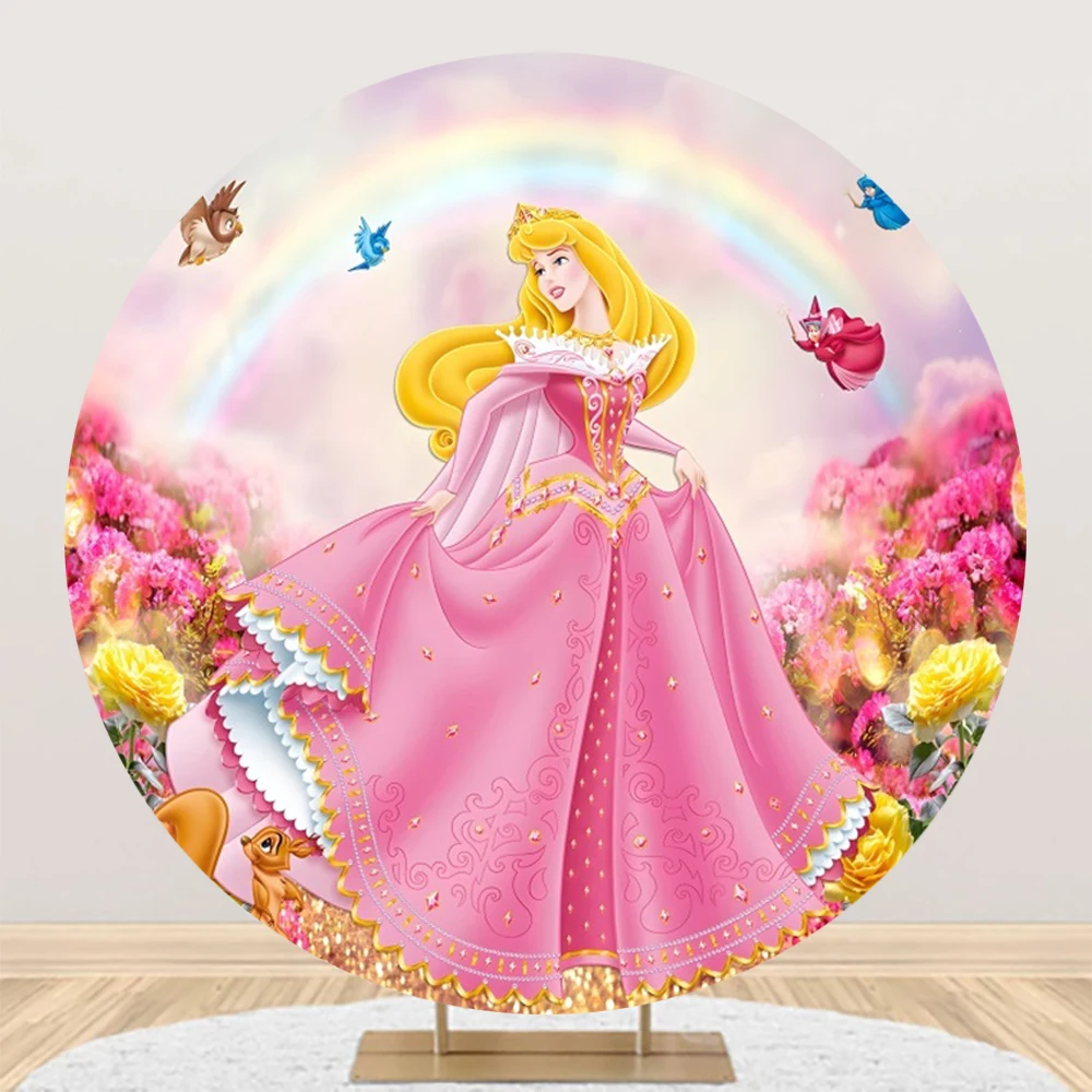 Disney Princess Aurora Round Backdrop Props Backgrounds For Photographs Baby Shower Girl Birthday Party Decoration Photozone