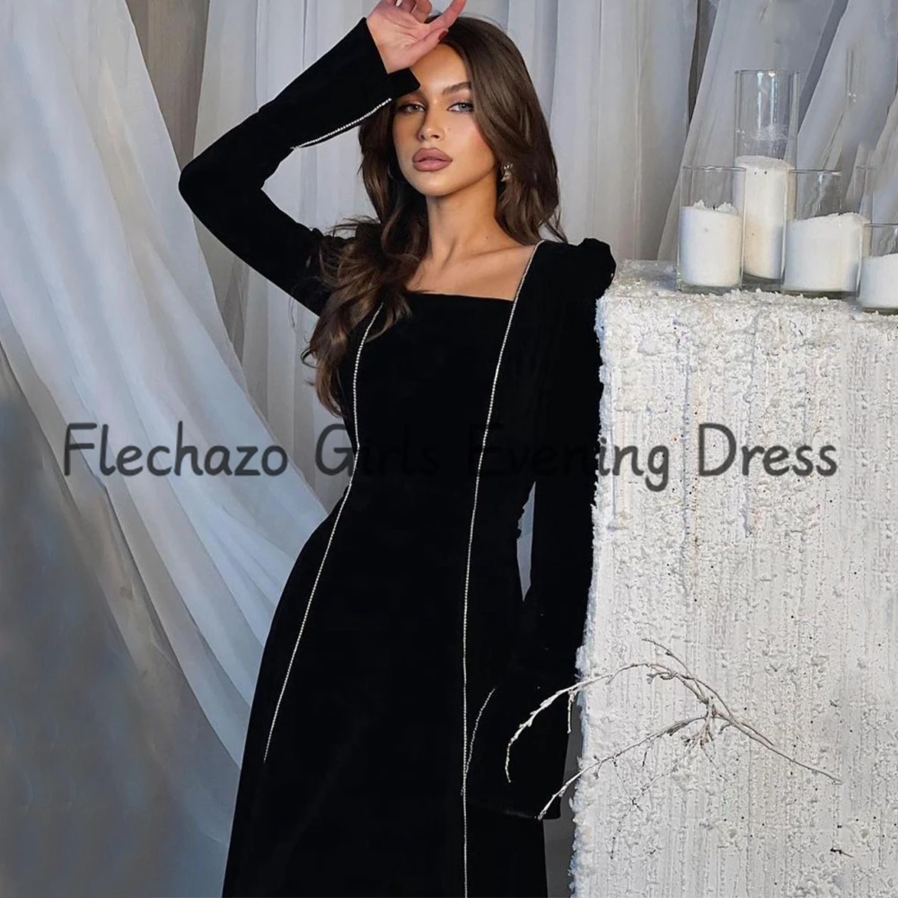 Flechazo Square Collar Ankle Length Evening Dress Slit Long Sleeves A-Line Women Simple Custom Made Banquet Party Guest Gowns