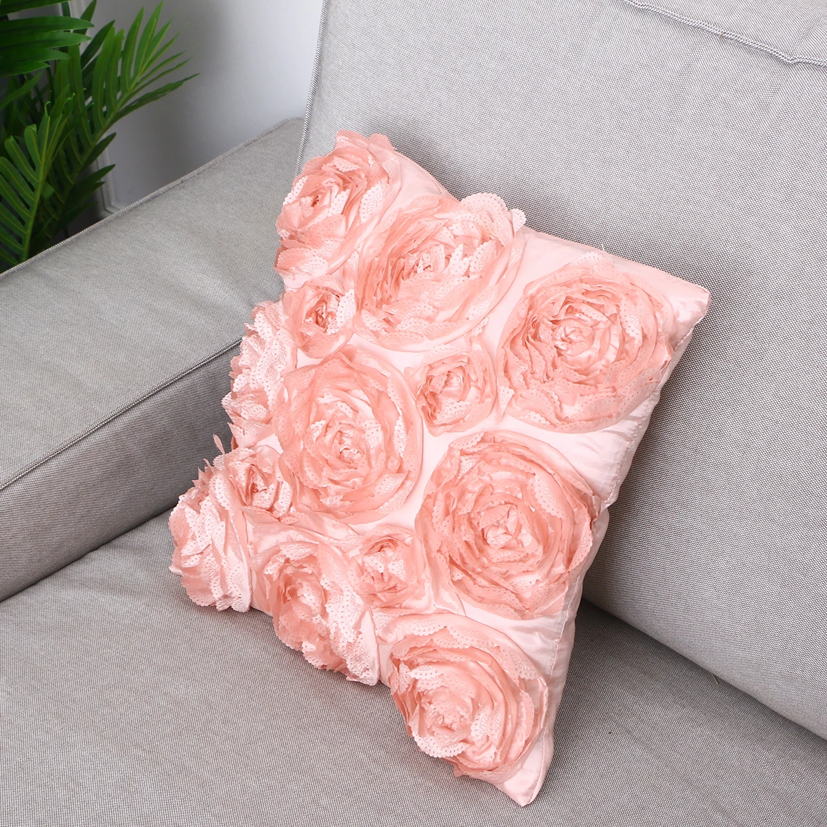 

Rose Embroidered Pillow Case 42x42CM Pink Square Throw Cushion Cover Invisible Zipper Home Bed