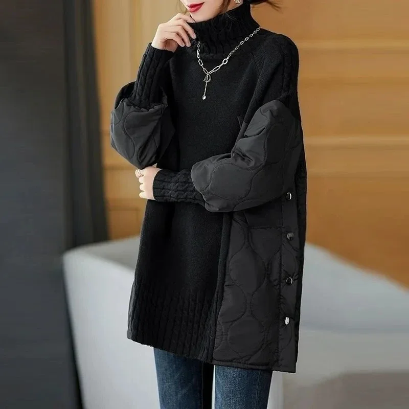 Winter Parka Coat 2025 Fashion Versatile Lady Splicing Knitted Outerwear Temperament Casual Ladies Sweater Jacket