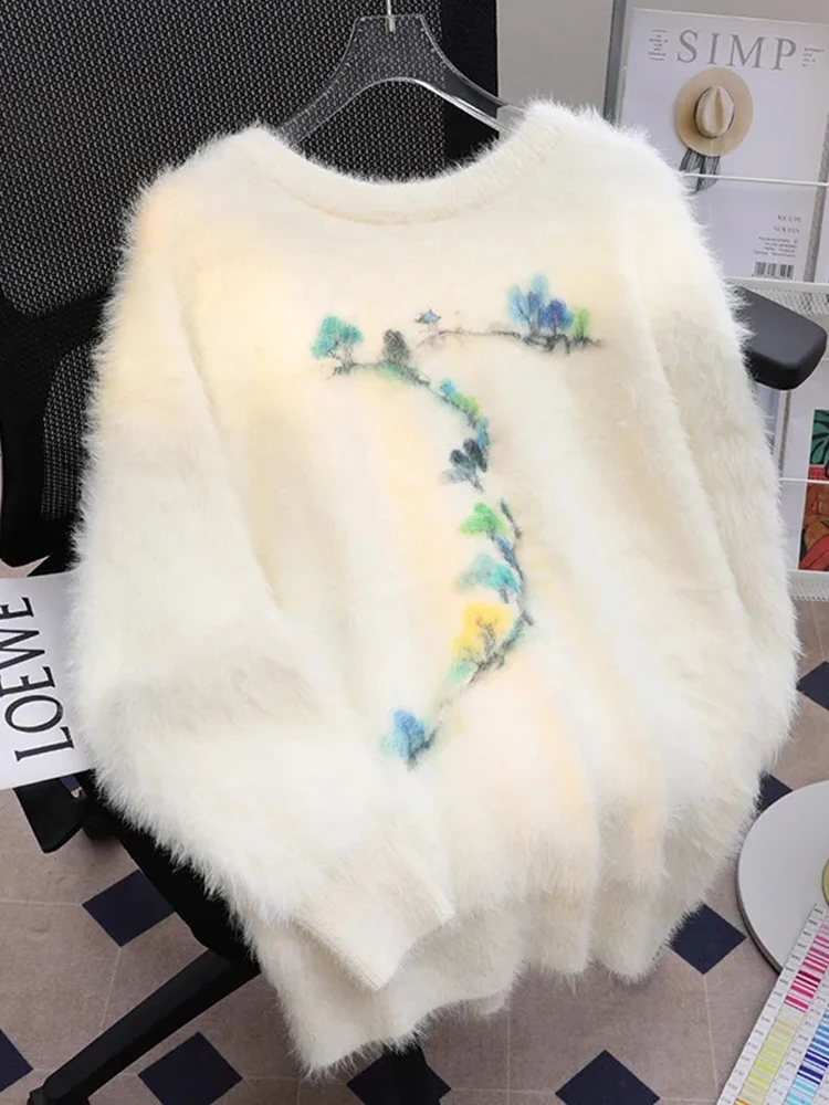 

Jmprs Sweet Print Mink Cashmere Sweaters Women O Neck Elegant Long Sleeve Knitted Pullover Vintage Soft Fall Winter Korean Tops