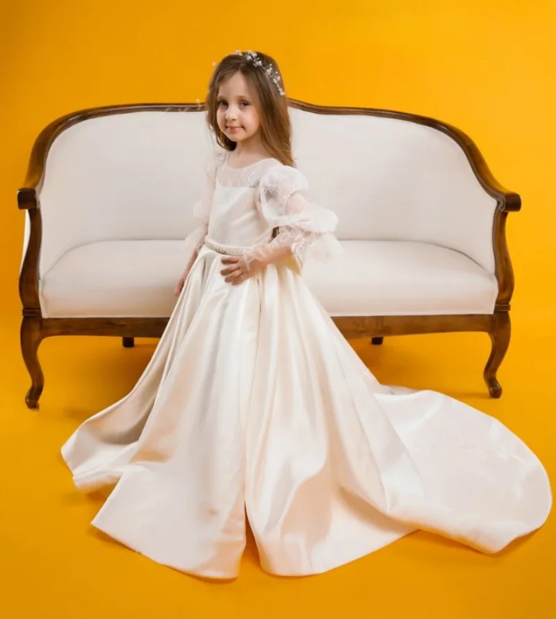 

Elegant Princess Flower Girl Dress for Wedding Party Solid Satin Girls Full Sleeve First Communion Dress Kid Size 1-14T