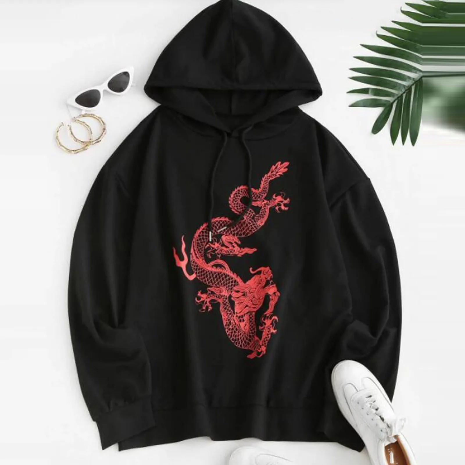 Sudaderas con capucha con estampado de dragón para mujer, jerséis con capucha de manga larga de Anime tradicional chino, ropa de abrigo sólida