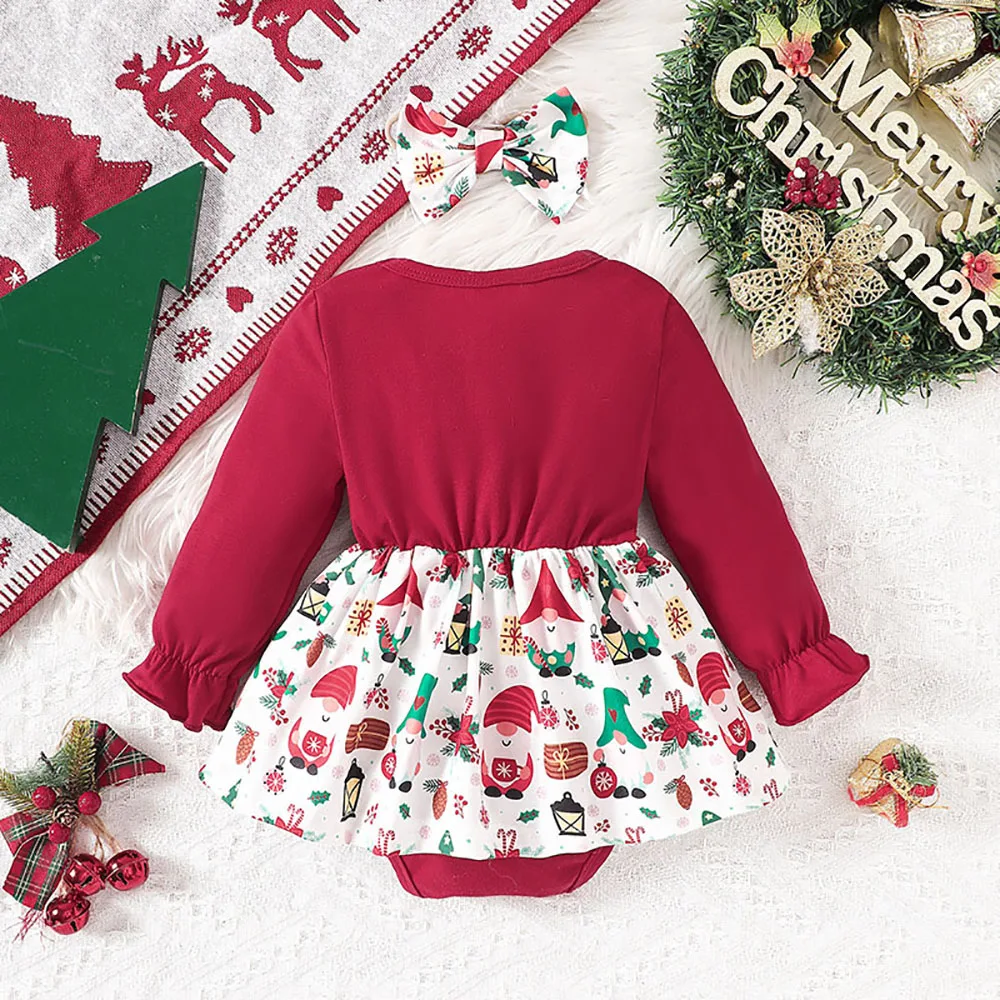 2 Stuks Kerst Jumpsuit Cartoon Santa Claus Print Lange Mouw Bodysuit Met Hoofddeksels Baby Meisje Outfit