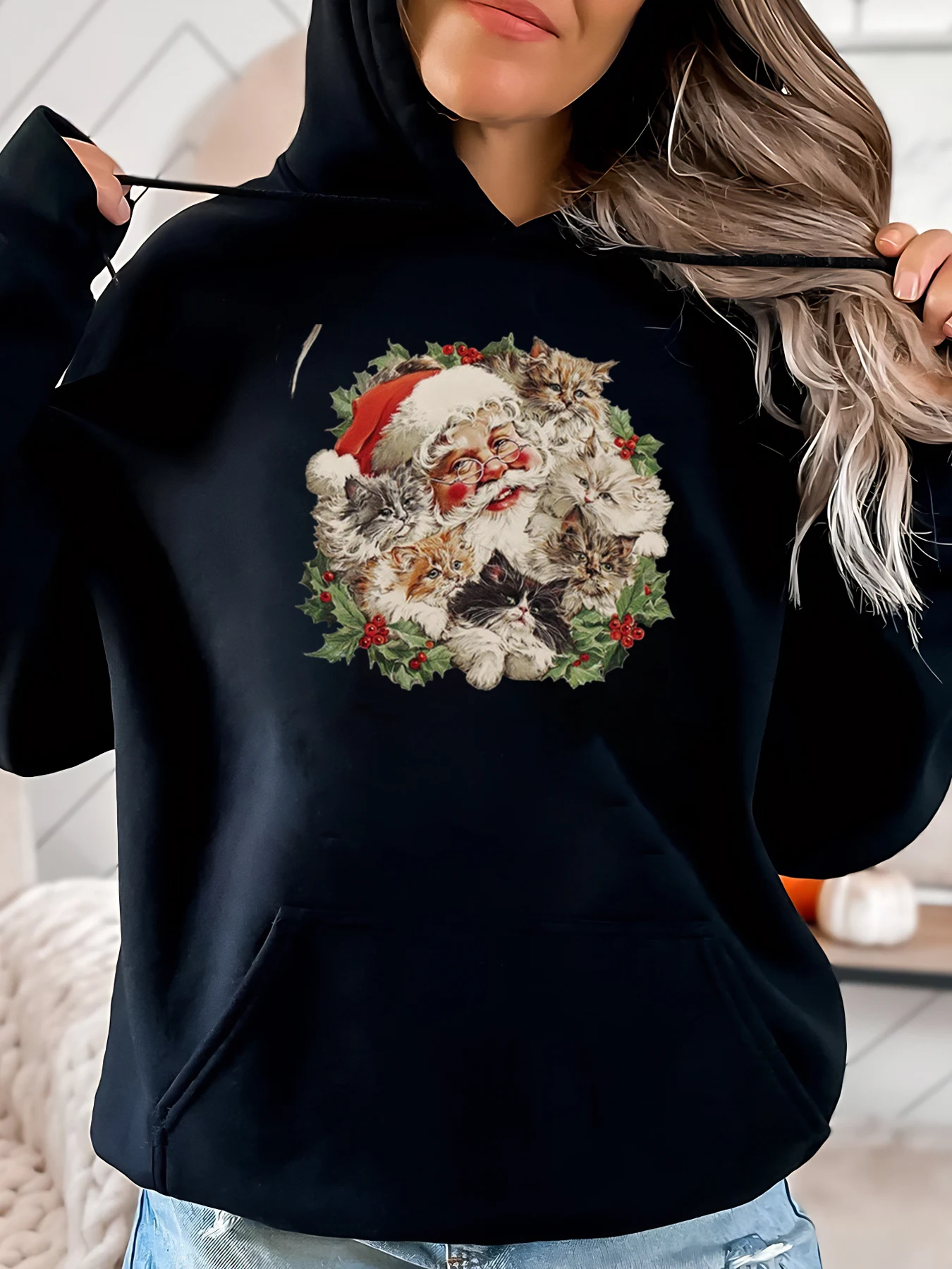 Papai Noel com gatos estampa de Natal moletom feminino casual inverno férias desgaste preto plus size