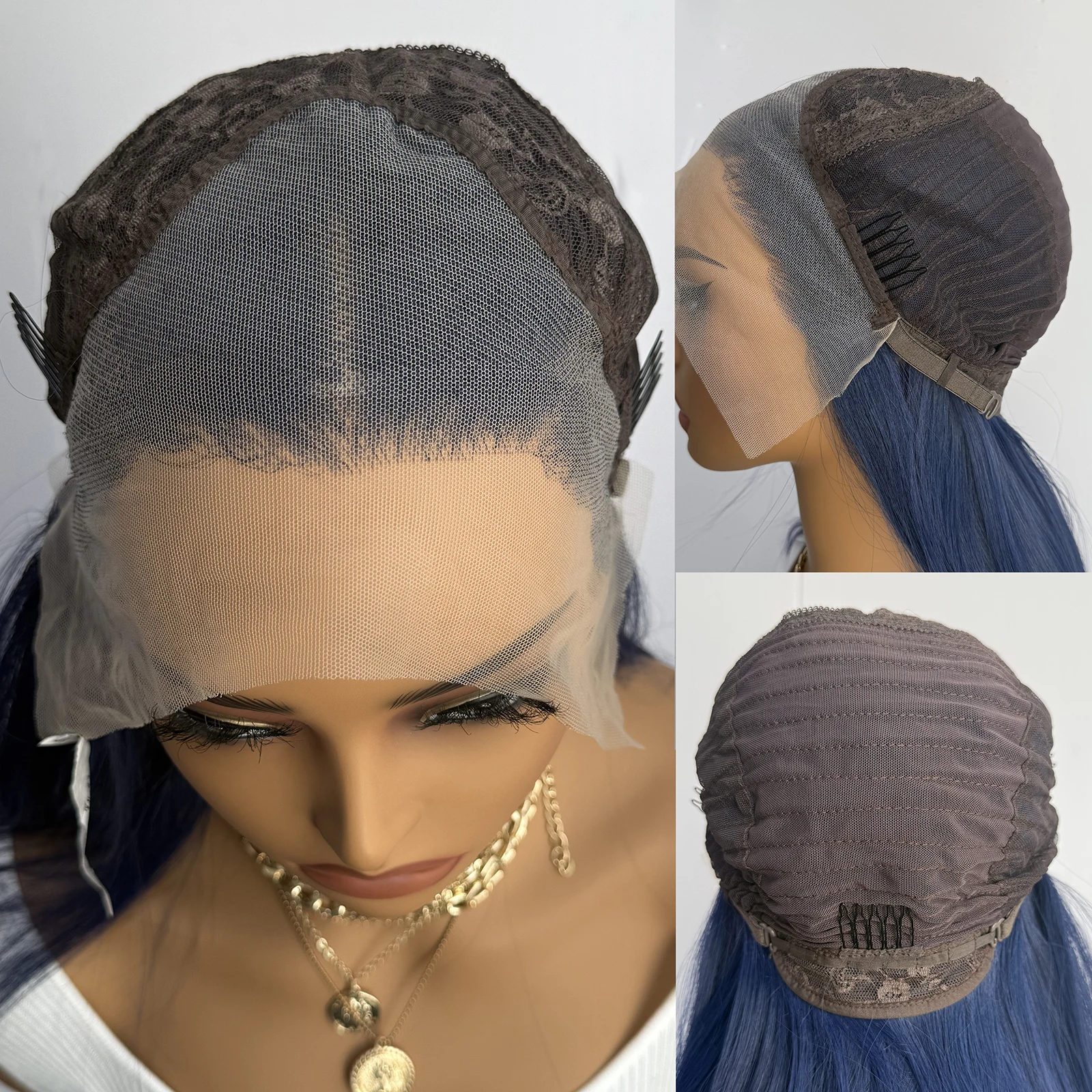 AIMEYA Dark Blue Layered Cut Wig 13x4 Lace Front Wig Long Wave Synthetic Hair Glueless Daily Use Cosplay Women's Wig Natural