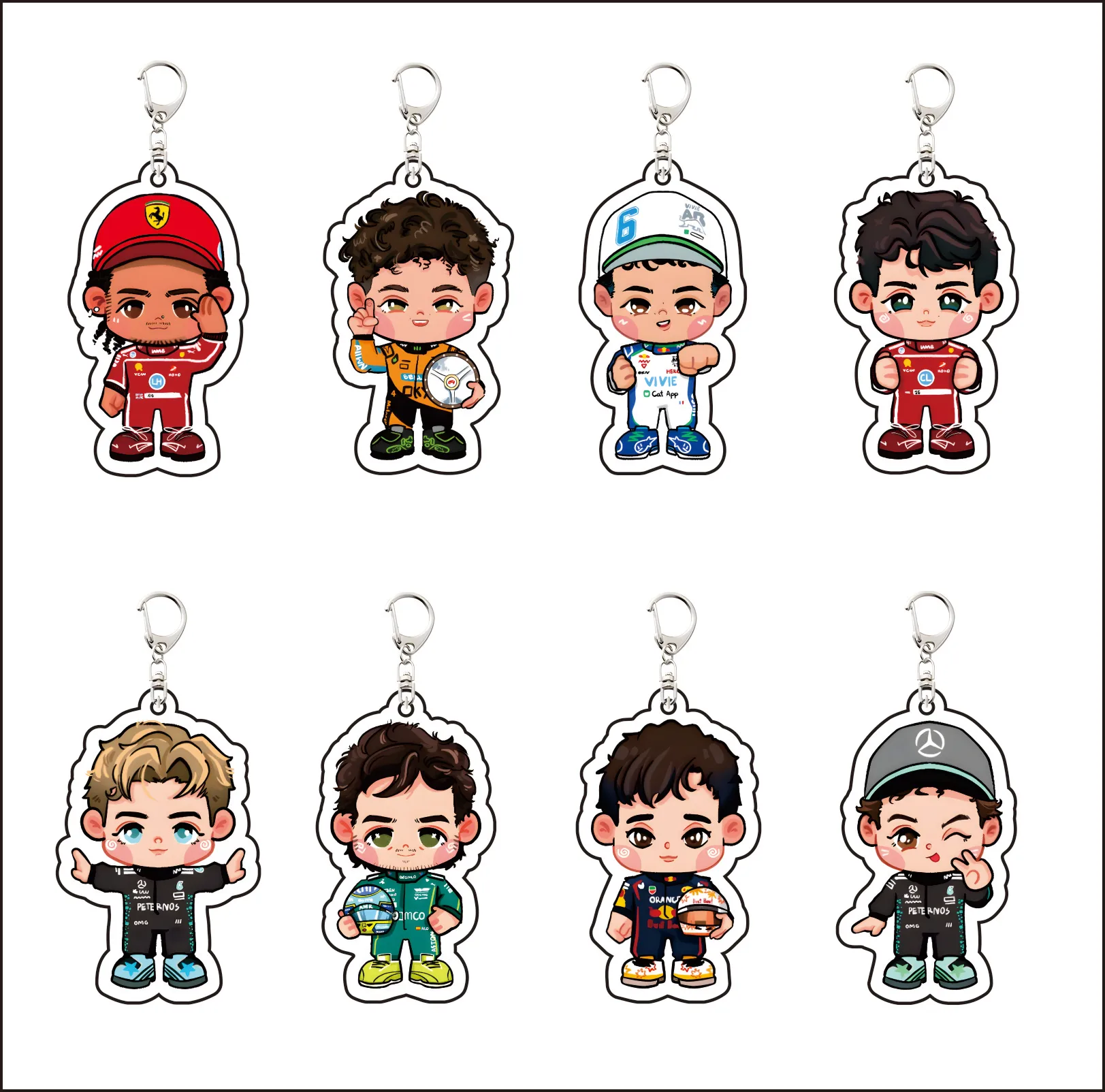 Anime-Formel-1-Rennfahrer 6CM süßer Acryl-Schlüsselanhänger LH/LL/MV/AKA/CL/LN/OP/AA/CS/LS/FA Taschenanhänger Perfektes Geschenk für Fans