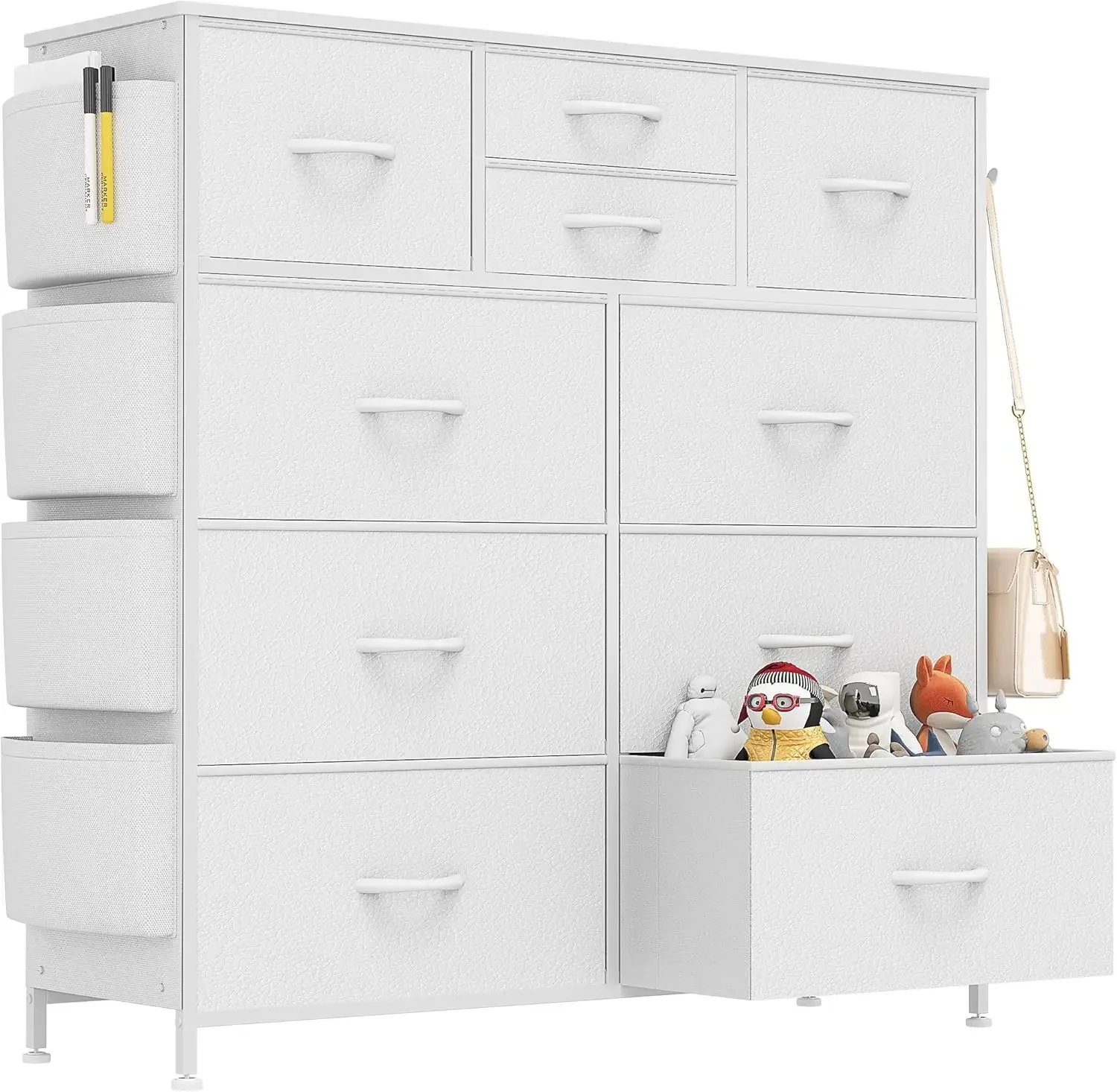 Dresser for Bedroom with 10 Drawers, Chest of Drawers with Side Pockets and Hooks, PU Storage Dresser, Organizer Unit for Living