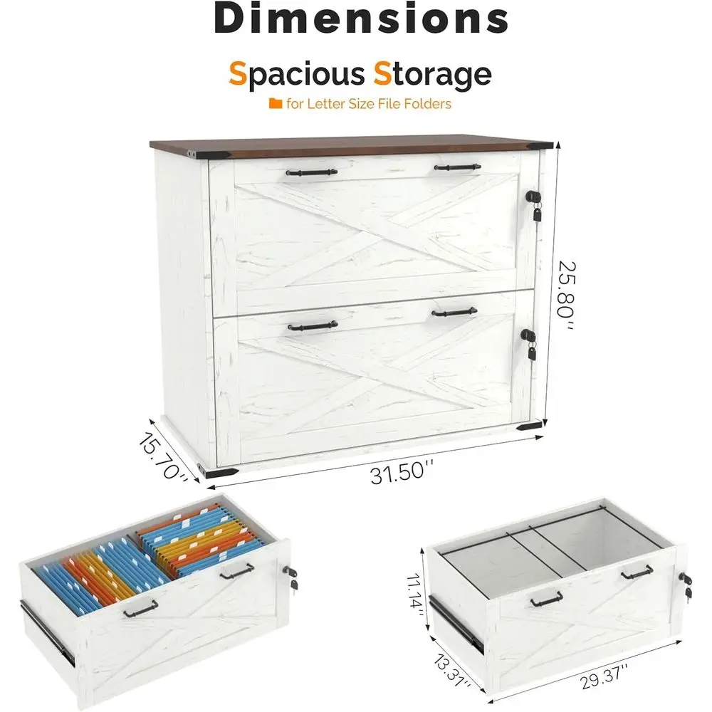 Rustic White & Brown Wooden Lateral File Cabinet with Lock, Home Office Letter/Legal Size Storage Organizer
