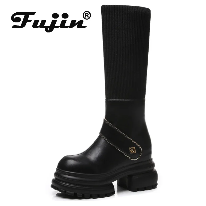 Fujin 8cm New Sock Genuine Leather Stretch Fabric Booties Block Knee High Boots Women Platform Wedge Fashion Autumn Spring Shoes