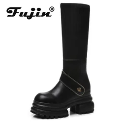 Fujin 8cm New Sock Genuine Leather Stretch Fabric Booties Block Knee High Boots Women Platform Wedge Fashion Autumn Spring Shoes