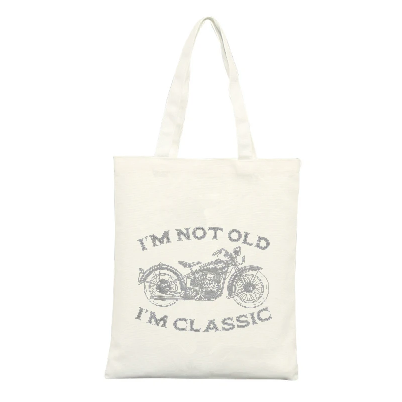 Canvas Tote Bag with Motorcycle Graphic and Slogan Print, Vintage Style for Casual Daily Use