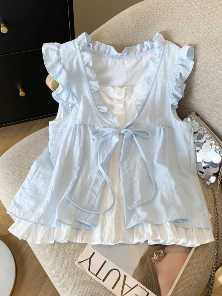 

Korean Sle Striped Vest irt Women Summer Sweet Anti-aging Tie Doll irt Small Flng Sve Top Bubble Sve V-ne