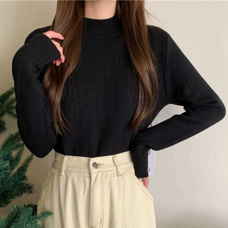 Thicken Pullovers Women Slim Plus Velvet Winter Cozy Gentle Half High Collar Japanese Style Temper Knitted Tender Basic Mujer