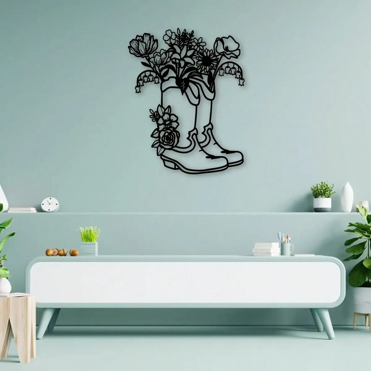 Brand Farmhouse‑Style Floral Dual Cowboy Boots Metal Wall Art, Iron Hanging Decor for Bedroom Living Room