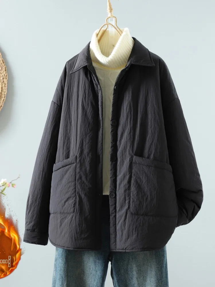 

Vintage Thickened Cotton Shirt Style Women's Winter Coat Large Size Butt Covering Fashionable Age Reducing Cotton Outerwear