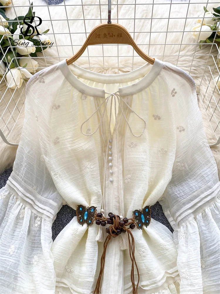 فستان SINGREINY صيفي مطرز متوسط الطول للسيدات بأكمام واسعة وكشكشة على شكل فراشة وشاحات فرنسية قابلة للطي فستان صيفي عتيق للعطلات #3