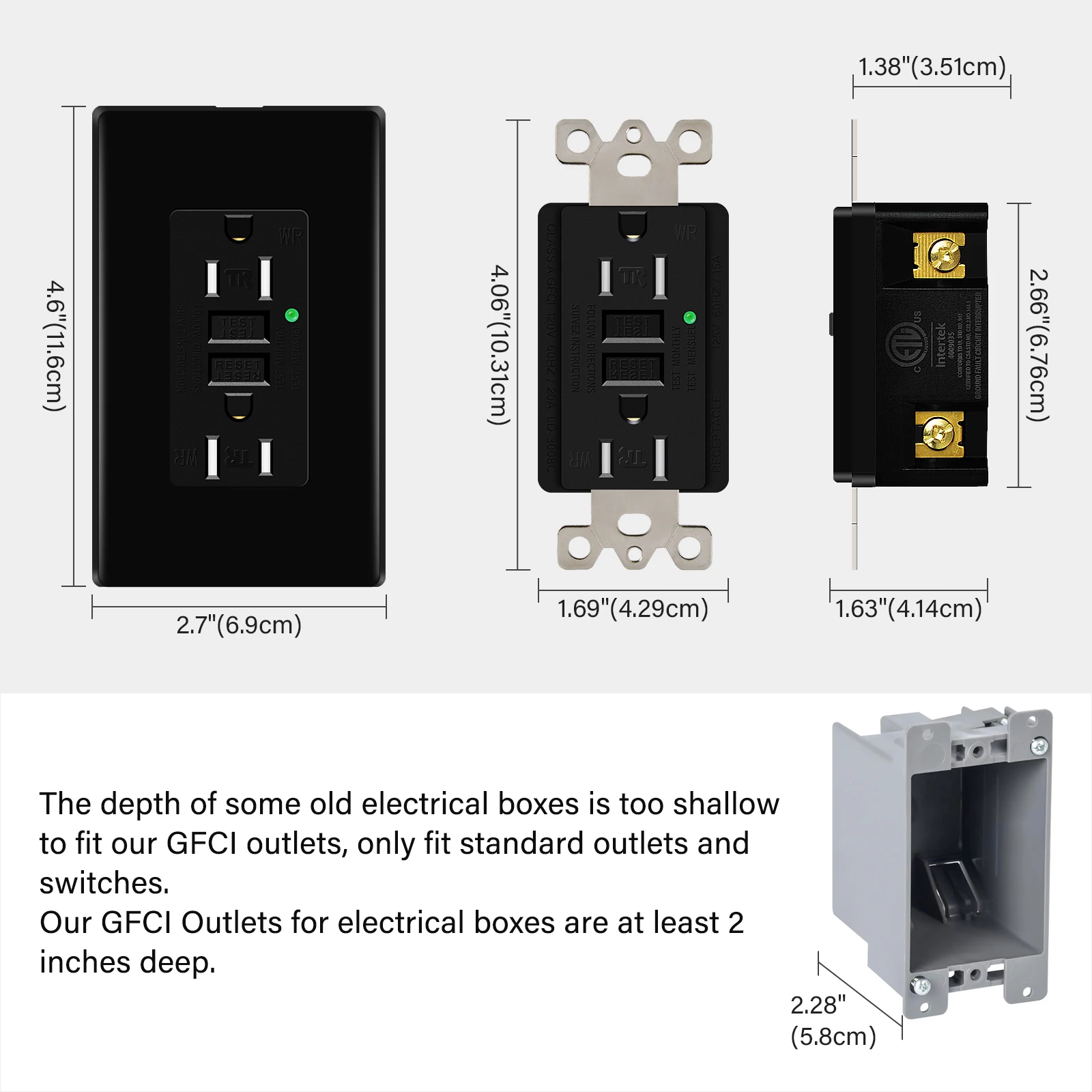 1PK-20PK GFCI GFI Outlet 15A 125V Black Safety Receptacle Plug Tamper Resistant TR WR Plate Socket With ETL Listed and LED Light