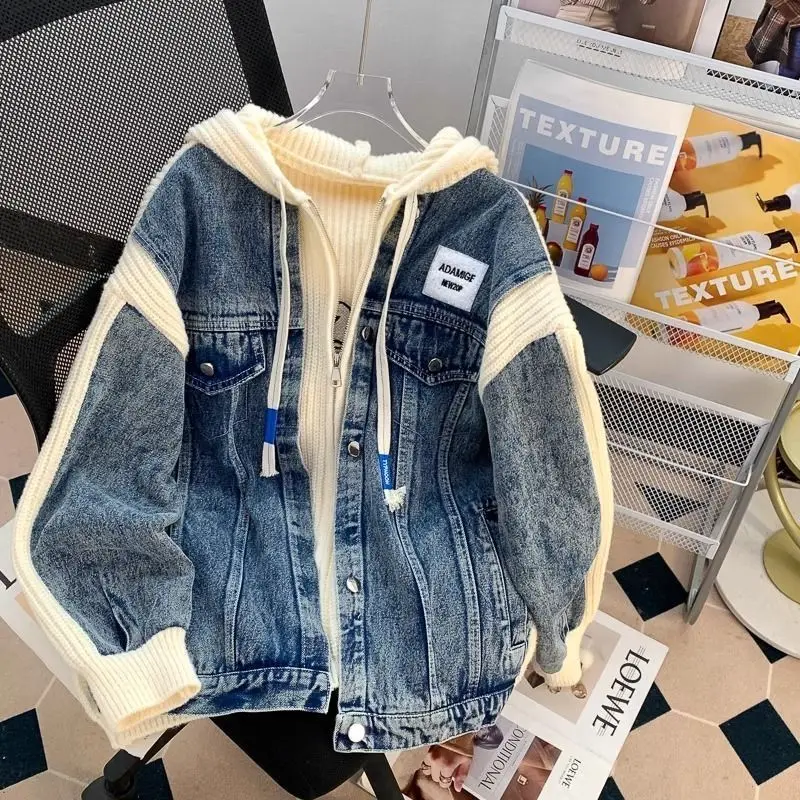 

Denim Patchwork Fake Two Piece Hooded Sweater Korean Loose and Lazy Style Jackets 2025 Autumn Winter Black Coat Women