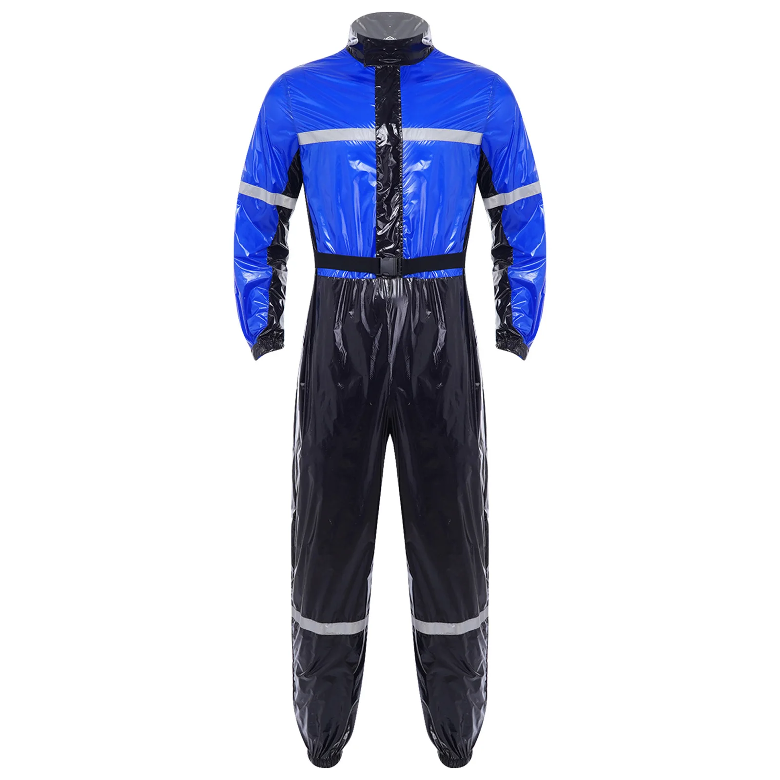 ชุดคลุมทำงานแบบมีแถบสะท้อนแสงสำหรับผู้ชาย กันน้ำ คอตั้ง แขนยาว ซิปหน้า มีเข็มขัด