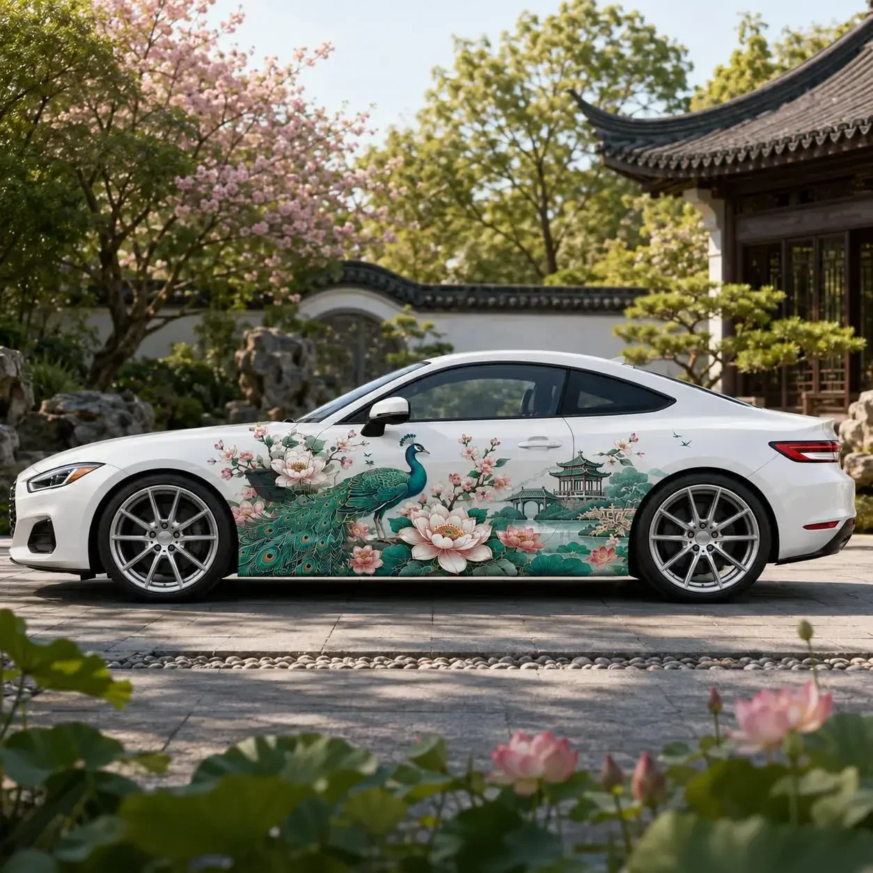 2PCS Peacock Lotus Oriental Garden Car Side Decals, Waterproof UV Resistant Vinyl Stickers for Cars Trucks SUV,