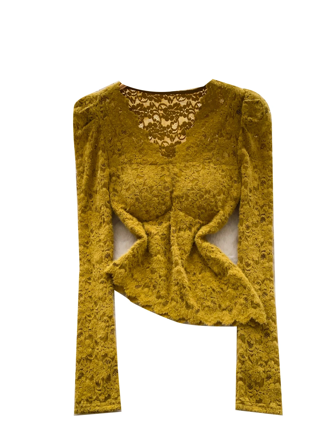 

Ele Lace Bubble Sve V-Ne irt Women's Slim Fit Asymmetrical Top Korean Sle Commute Faion Polyester Fiber