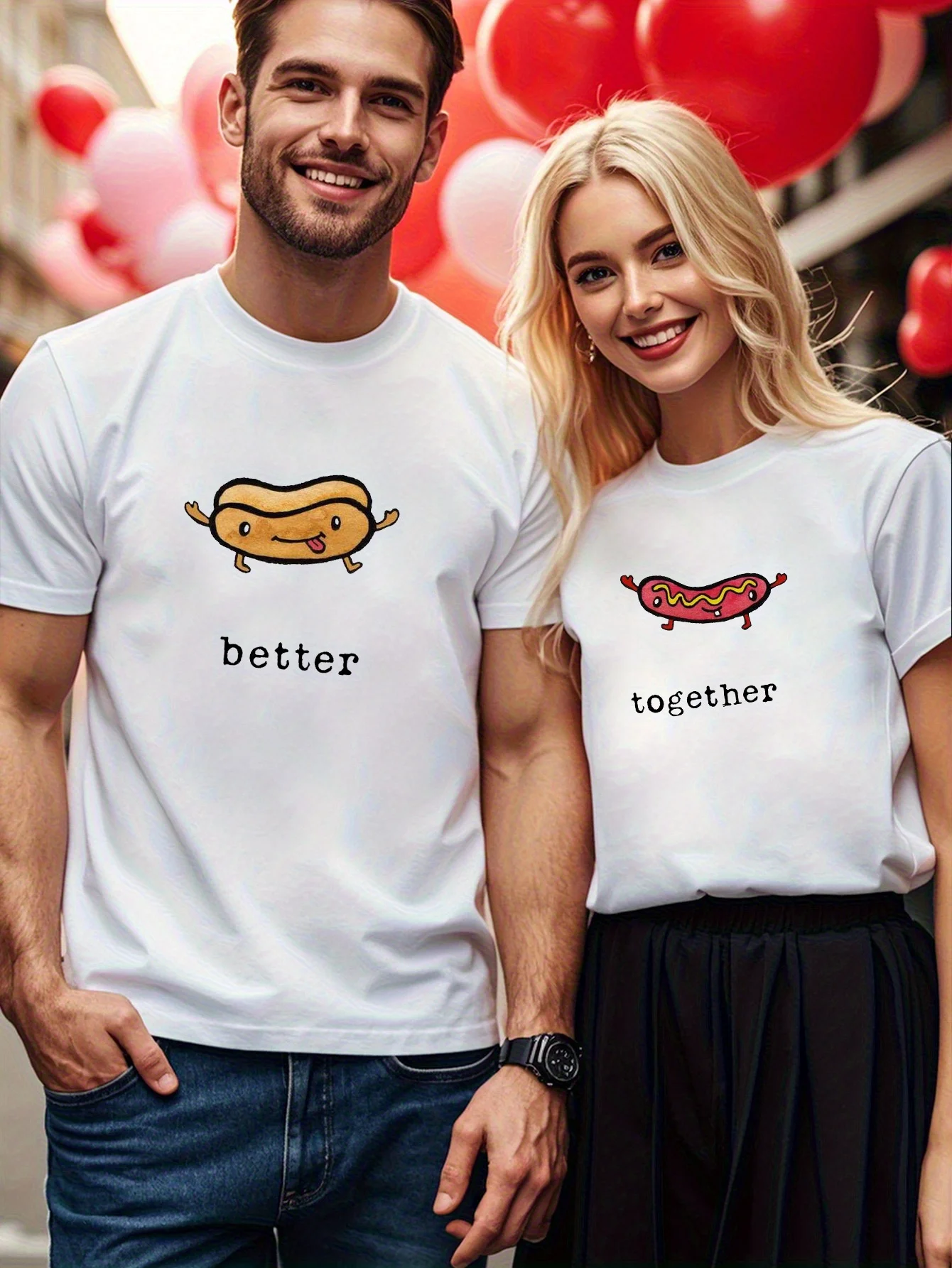 

1pcs， Better Together, Hot Dog Pattern Printed Couple Round Neck Short Sleeve T-shirt, Valentine's Day Gift, Couple Top