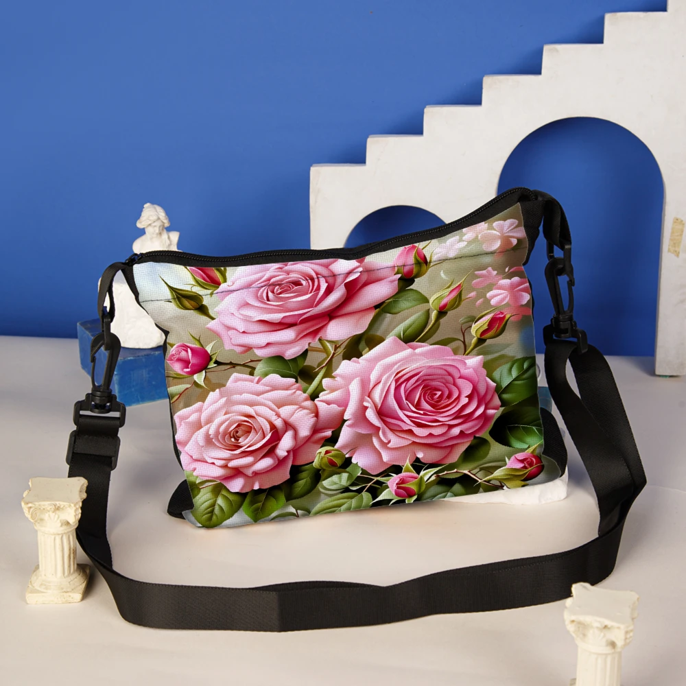 1pc Floral Rose Print Crossbody Bag Pink Roses Pattern Shoulder Bags For Women Casual Daily Use Travel Shopping Fashion Accessor