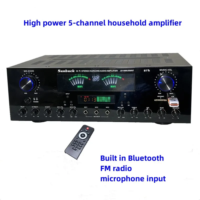 

AV-999BT Bluetooth 5.0 5 Channel HIFI Stereo AV Home KARAOKE KTV Audio Amplifier With USB FM Radio Microphone Input