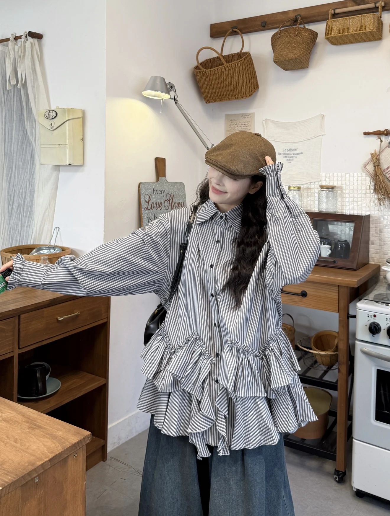 

Женский комплект Kumikumi: рубашка в полоску с длинным рукавом и свободные джинсы с высокой талией, весенний модный повседневный наряд на пуговицах