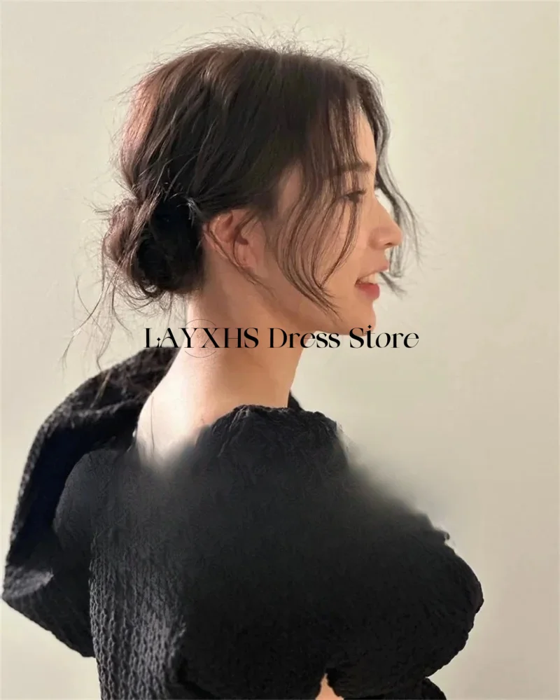 Vintage mini curto vestido de festa de casamento coreia sessão de fotos preto uma linha puff mangas curtas vestidos de noite personalizado vestido de baile