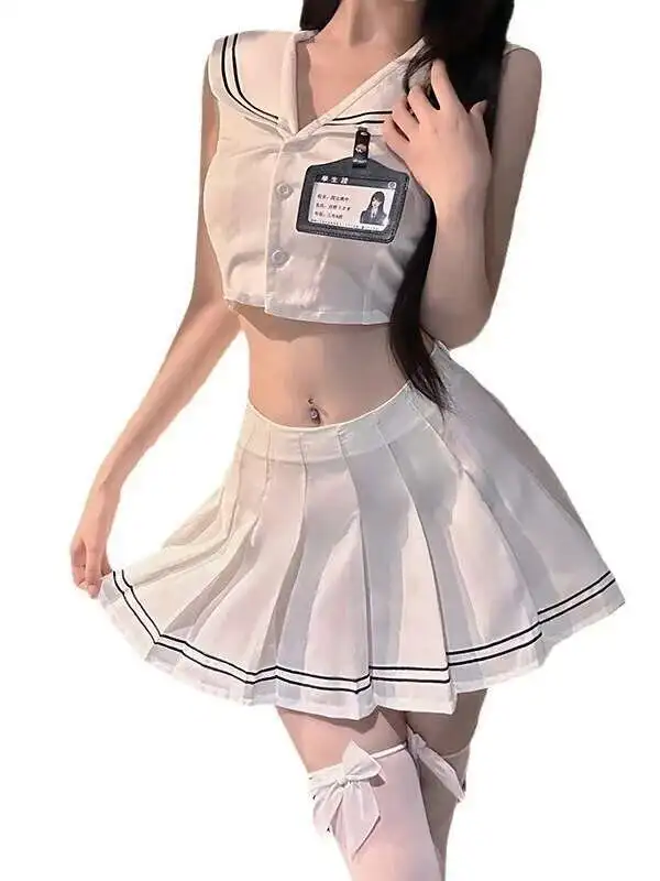 Conjunto JK estilo Academia para mujer, Top sin mangas con cuello azul marino, puro deseo, conjunto de vestido de dos piezas para chica, encantador y dulce fuego 0CM9