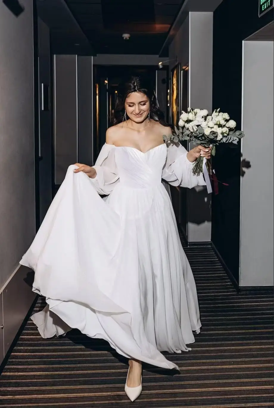 Abito da sposa Boho con spalle scoperte in chiffon gonfio maniche lunghe abiti da sera formali da ballo con tasche abito da sposa da sposa