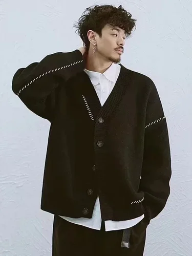 Suéteres de punto para hombre, abrigo, ropa Retro japonesa para hombre, chaqueta, cárdigan negro, invierno 2025, Sheap clásico de diseñador de algodón de lujo