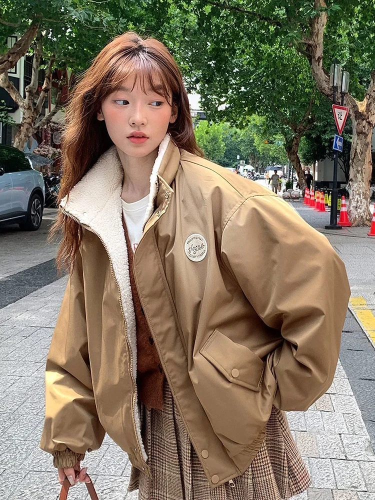 

Women's Thickened Fleece Lined Stand Collar down Jacket Winter Cotton Coat New Style Loose Slimming Cotton Outerwear Sweet