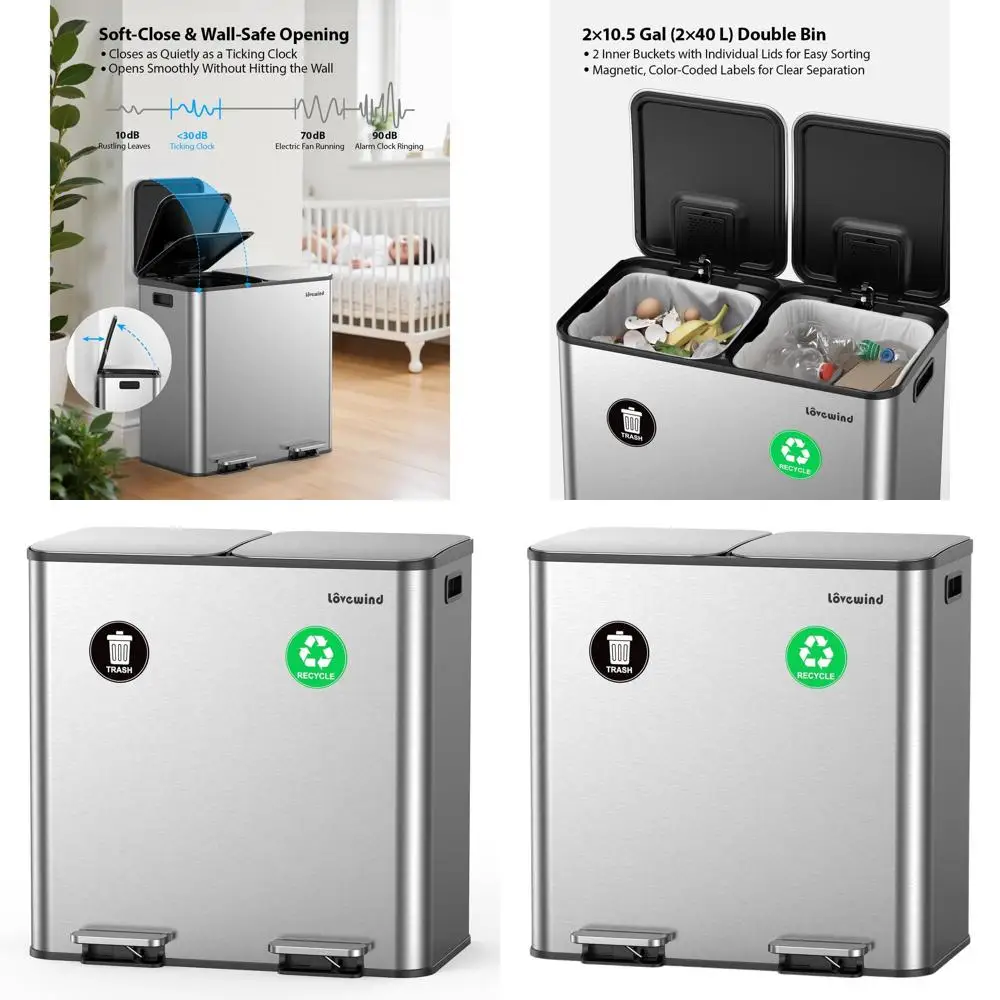 

Двухсекционная мусорная и раздельная урна для отходов из нержавеющей стали с крышкой с мягким закрытием, серебристая, объемом 2 x 10,5 галлонов