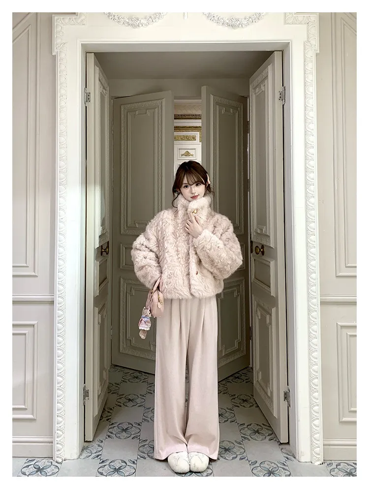 Korean Stand Collar Plush Jacket for Women Winter Thick Fluffy Cropped Faux Fur Coat Woman Loose Sweet Single Breasted Outerwear